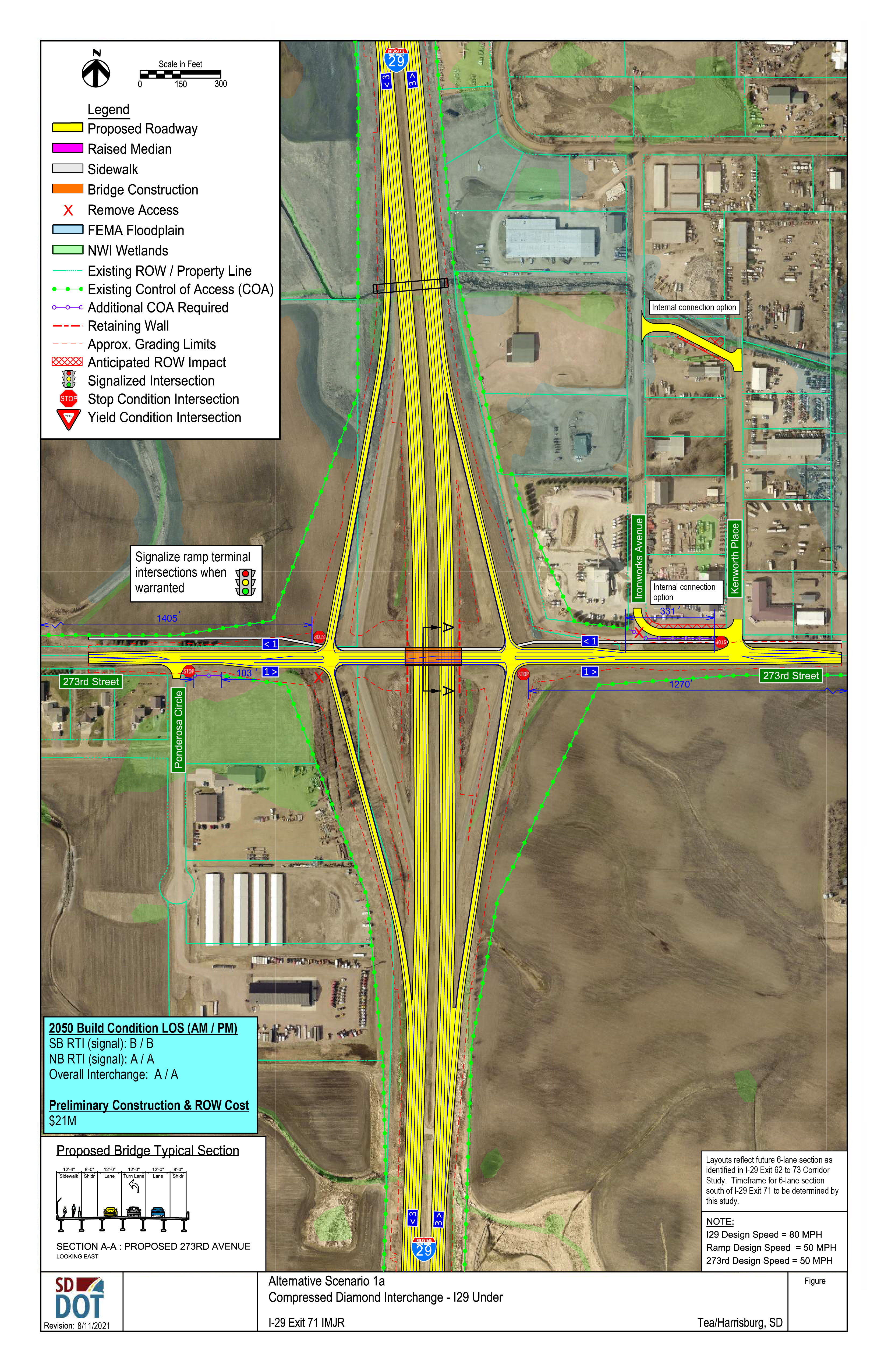 This image shows the conceptual layout of a Compressed Diamond Interchange, and what the road under it would look like. Details on the diagram include proposed roadway, raised median, sidewalk, bridge construction, access control, FEMA floodplain, NWI wetlands, existing Right of Ways and property lines, existing control of access points, additional control of access points needed, retaining walls, grading limits, anticipated right of way impacts, signalized intersections, stop condition intersections and yield condition intersections. 