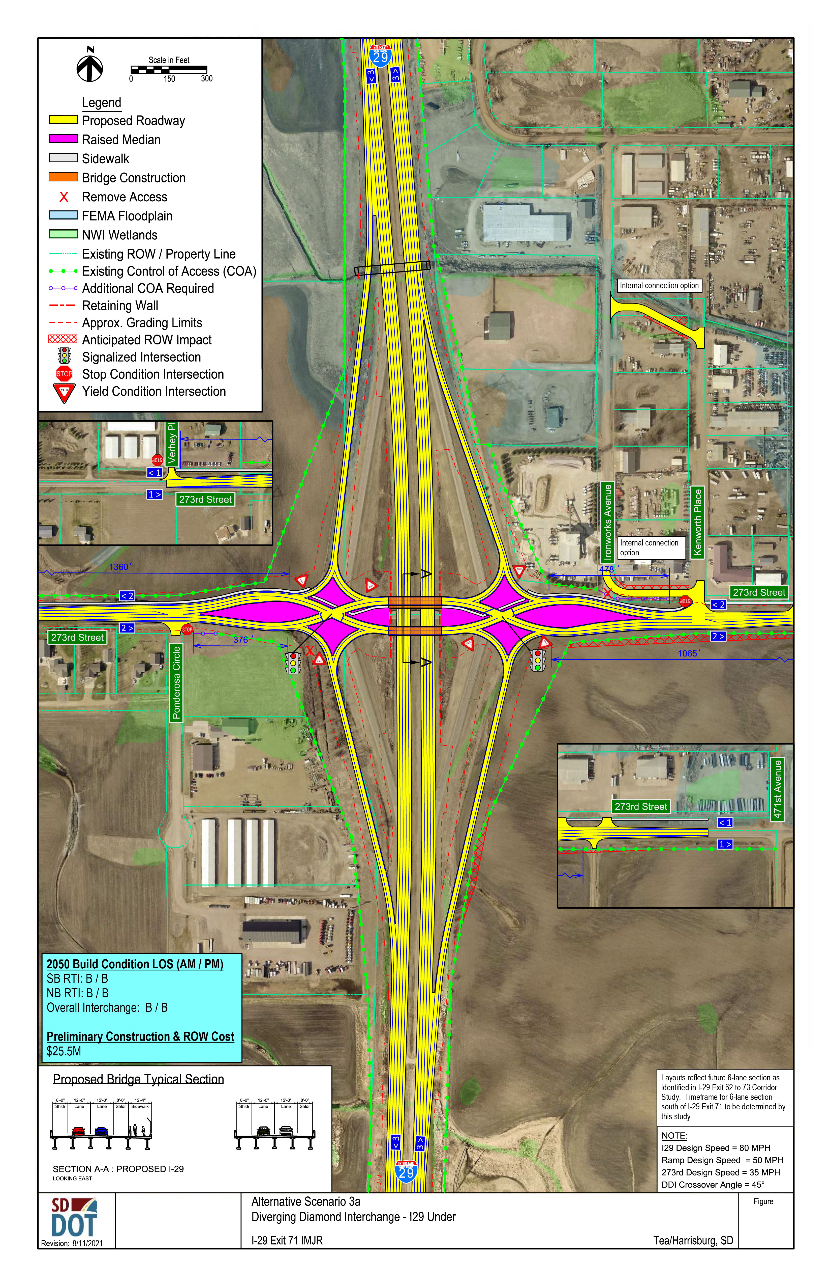 This image shows the conceptual layout of a Diverging Diamond Interchange, and what the road under it would look like. Details on the diagram include proposed roadway, raised median, sidewalk, bridge construction, access control, FEMA floodplain, NWI wetlands, existing Right of Ways and property lines, existing control of access points, additional control of access points needed, retaining walls, grading limits, anticipated right of way impacts, signalized intersections, stop condition intersections and yield condition intersections.
