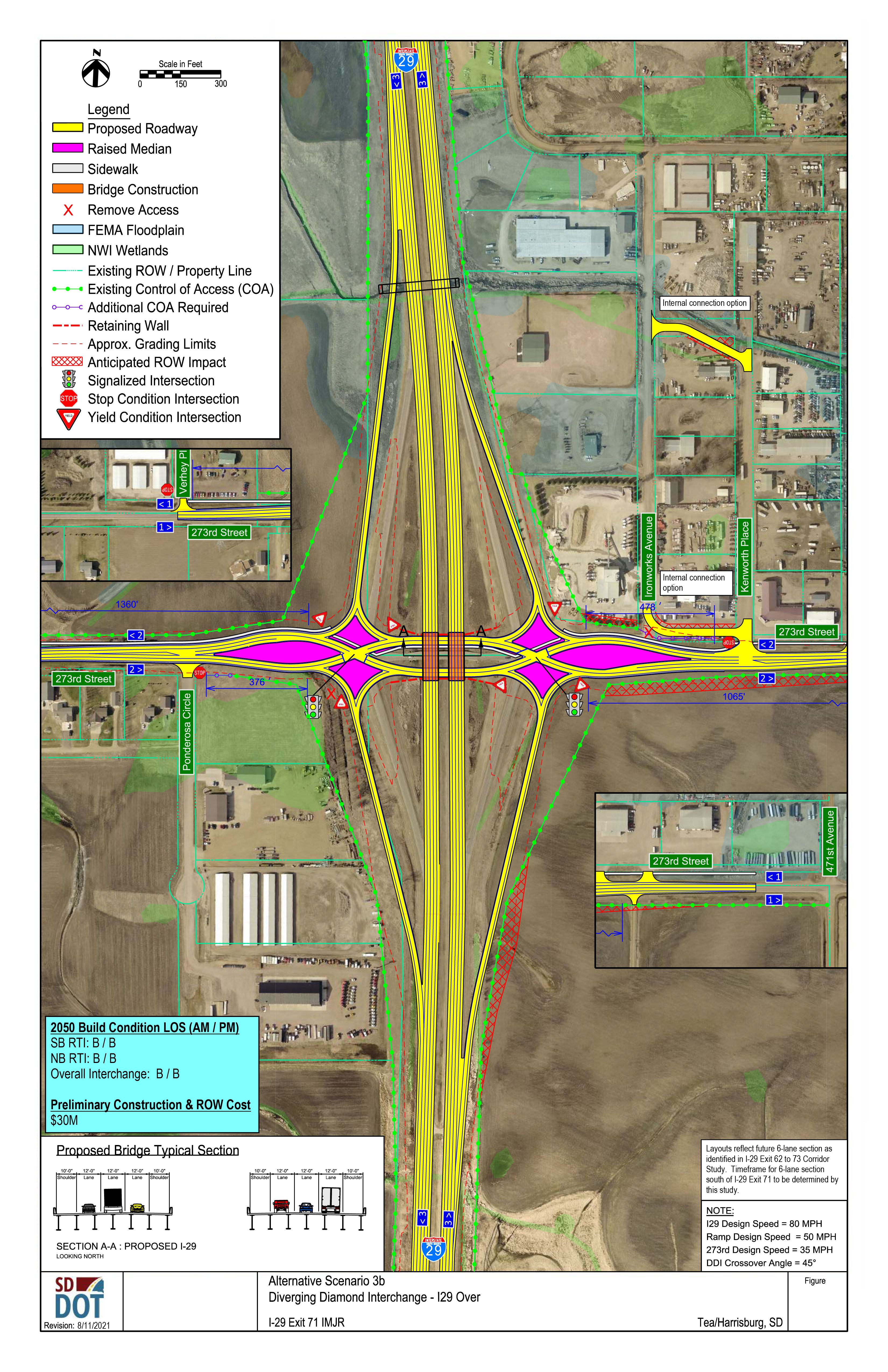 This image shows the conceptual layout of a Diverging Diamond Interchange, and what the road over it would look like. Details on the diagram include proposed roadway, raised median, sidewalk, bridge construction, access control, FEMA floodplain, NWI wetlands, existing Right of Ways and property lines, existing control of access points, additional control of access points needed, retaining walls, grading limits, anticipated right of way impacts, signalized intersections, stop condition intersections and yield condition intersections.