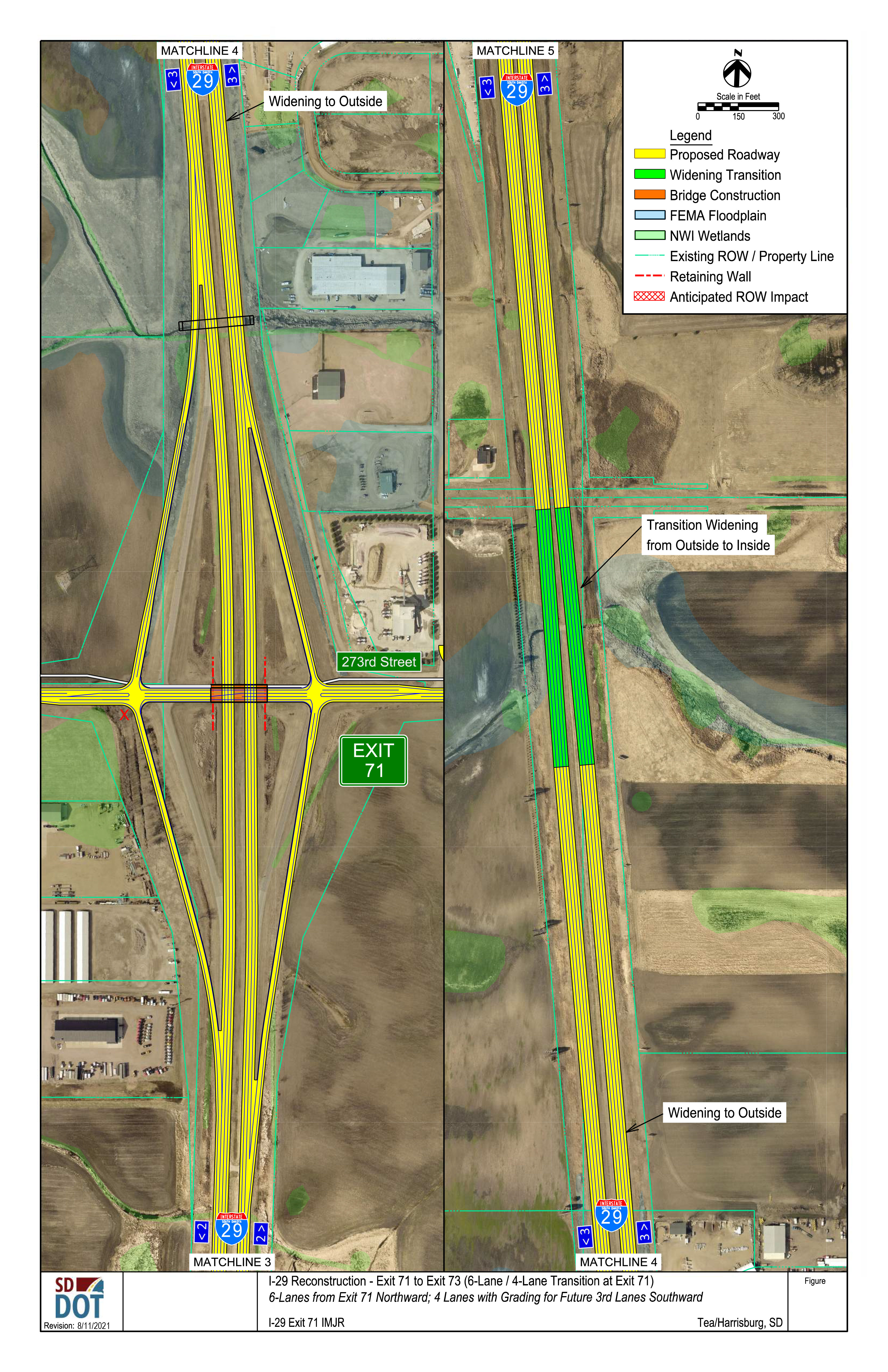 This image shows the conceptual layout of a 4-lane section with grading for a future third lane in each direction from exits 71 to 73. Details on the diagram include the proposed roadway, the widening transition, bridge construction, FEMA floodplain, NWI Wetlands, existing right of way and property lines, retaining walls and anticipated right of way impacts.