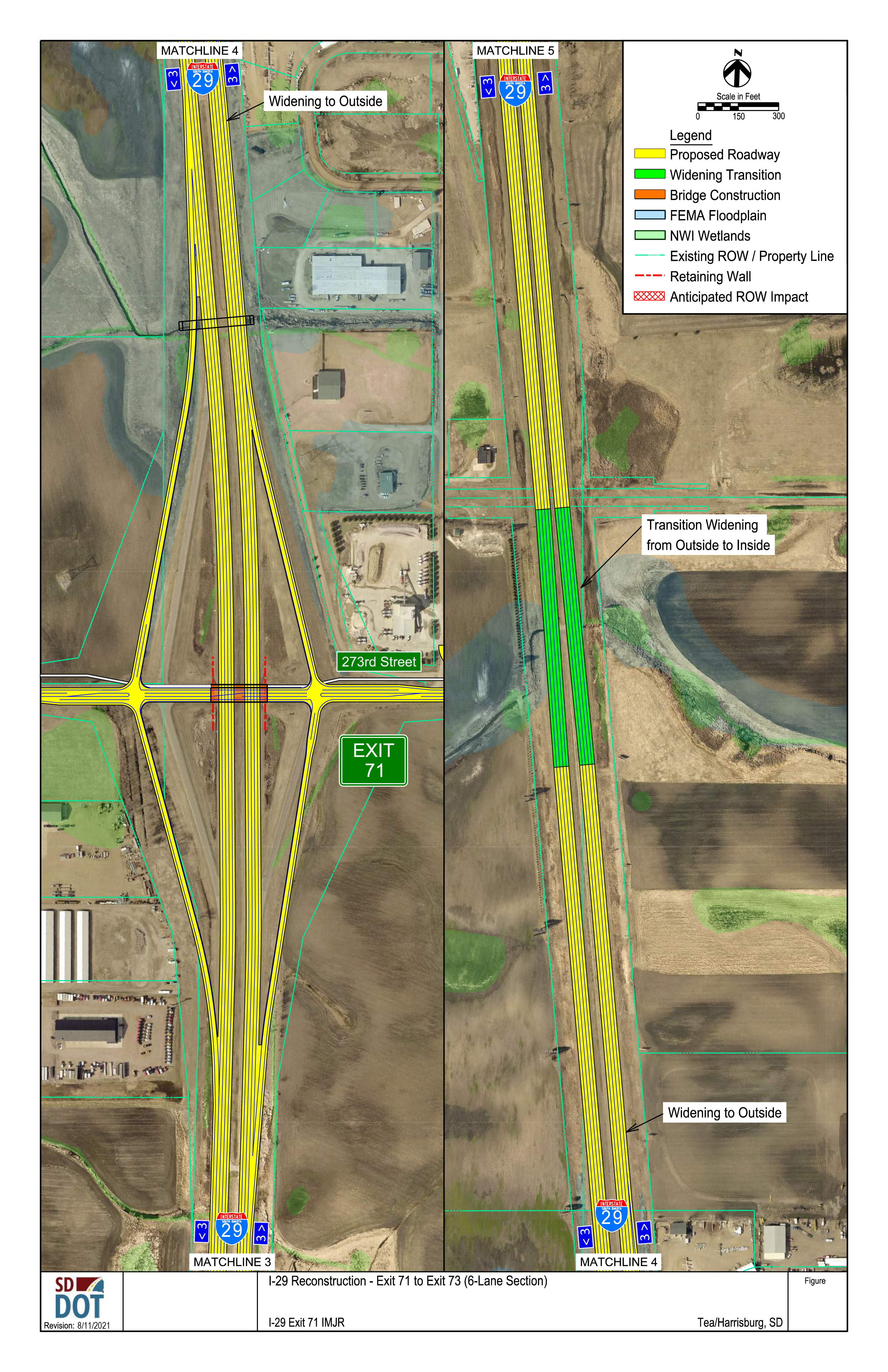 This image shows the conceptual layout of a 6-lane construction from exits 71 to 73. Details on the diagram include the proposed roadway, the widening transition, bridge construction, FEMA floodplain, NWI Wetlands, existing right of way and property lines, retaining walls and anticipated right of way impacts.