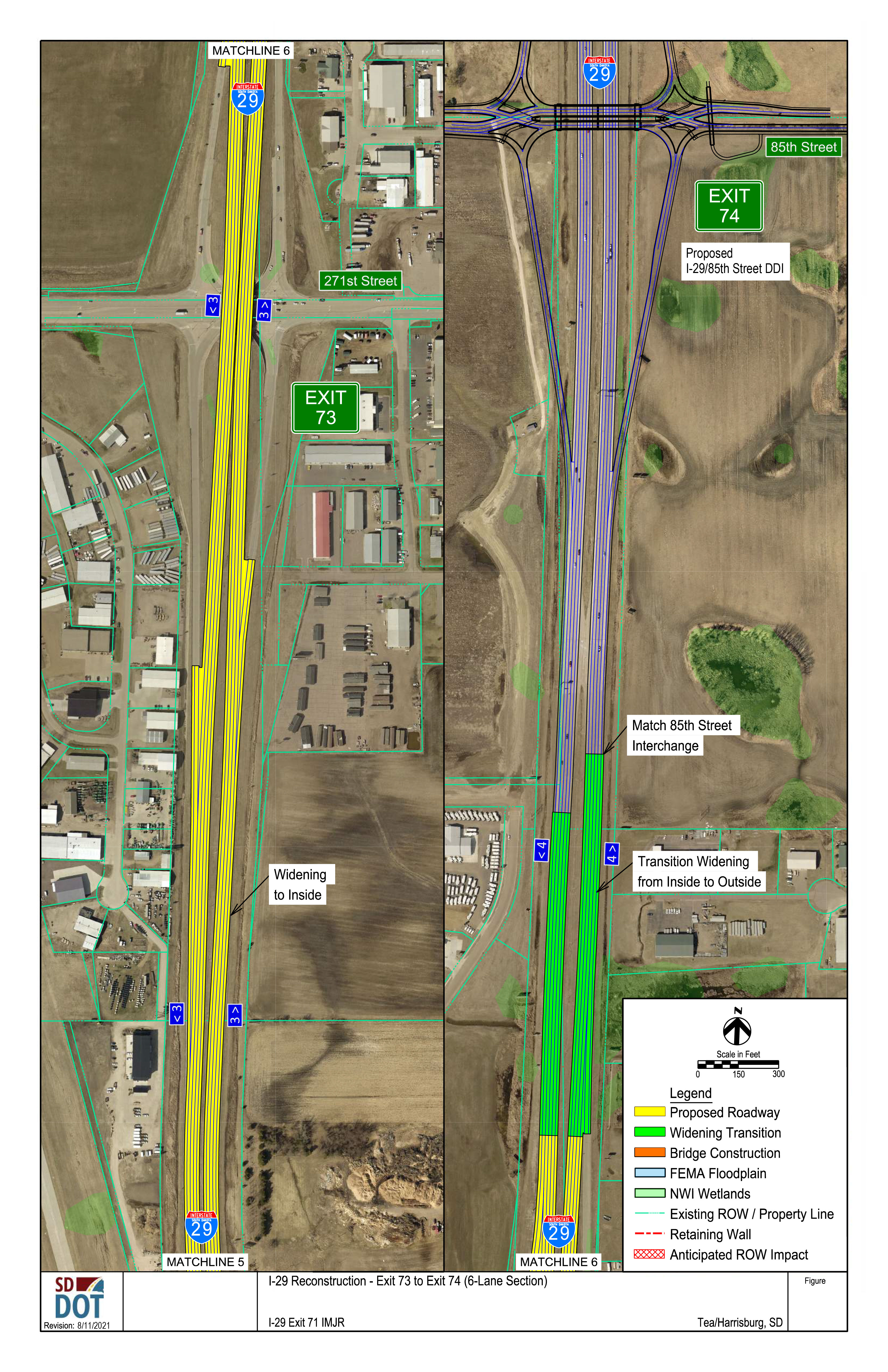 This image shows the conceptual layout of a 6-lane construction from exits 73 to 74. Details on the diagram include the proposed roadway, the widening transition, bridge construction, FEMA floodplain, NWI Wetlands, existing right of way and property lines, retaining walls and anticipated right of way impacts.