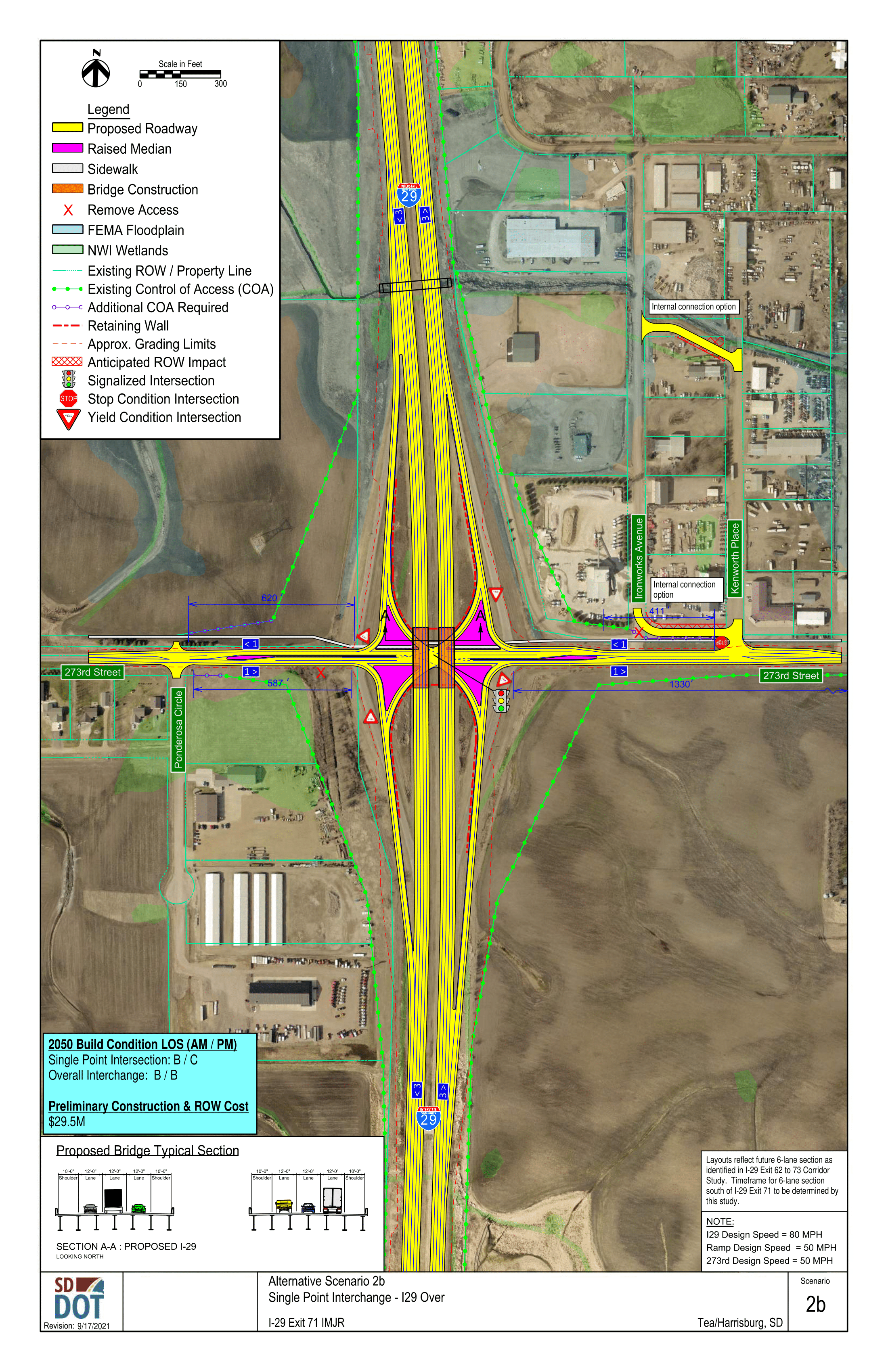 This image shows the conceptual layout of a Single Point Interchange, and what the road over it would look like. Details on the diagram include proposed roadway, raised median, sidewalk, bridge construction, access control, FEMA floodplain, NWI wetlands, existing Right of Ways and property lines, existing control of access points, additional control of access points needed, retaining walls, grading limits, anticipated right of way impacts, signalized intersections, stop condition intersections and yield condition intersections.