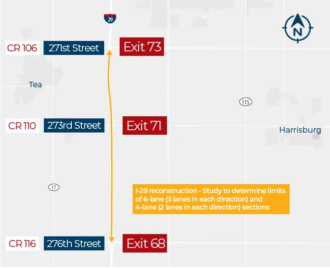 This map indicates the areas along I-29 that are included in the study area.  Focus areas include the I-29 Exit 71 interchange and I-29 mainline from Exit 68 through Exit 73.  